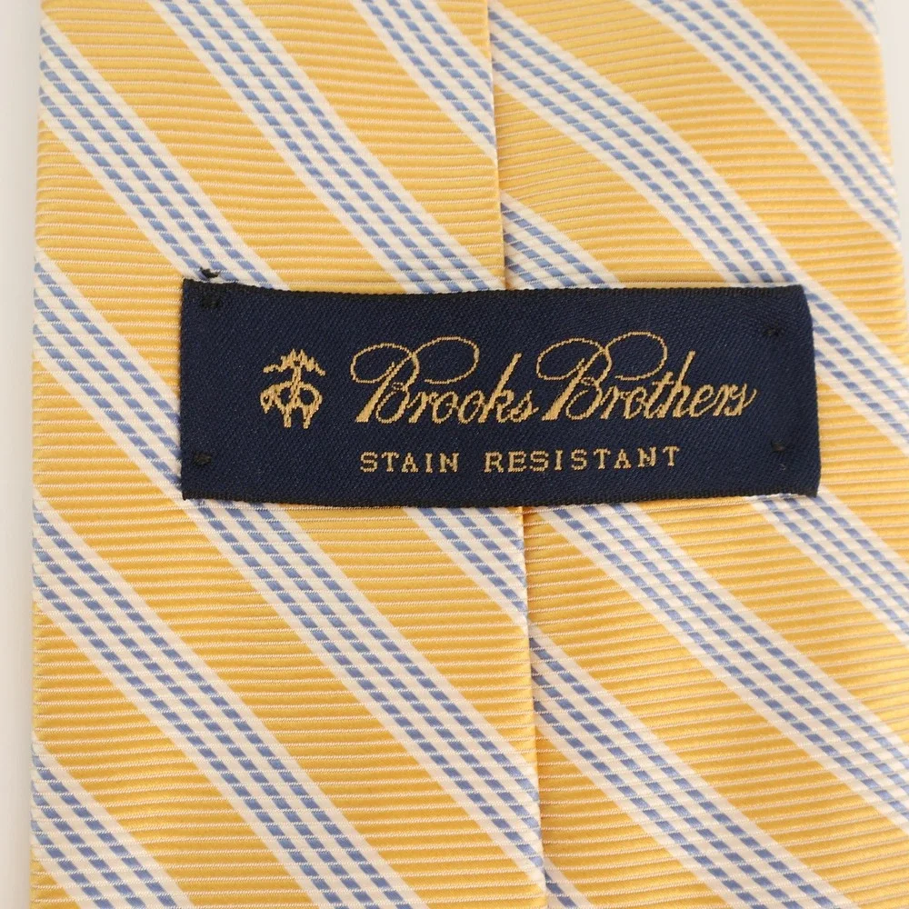 Brooks Brothers Pure Silk Tie Gold Blue Stripe Made in‎ USA Stain Resistant